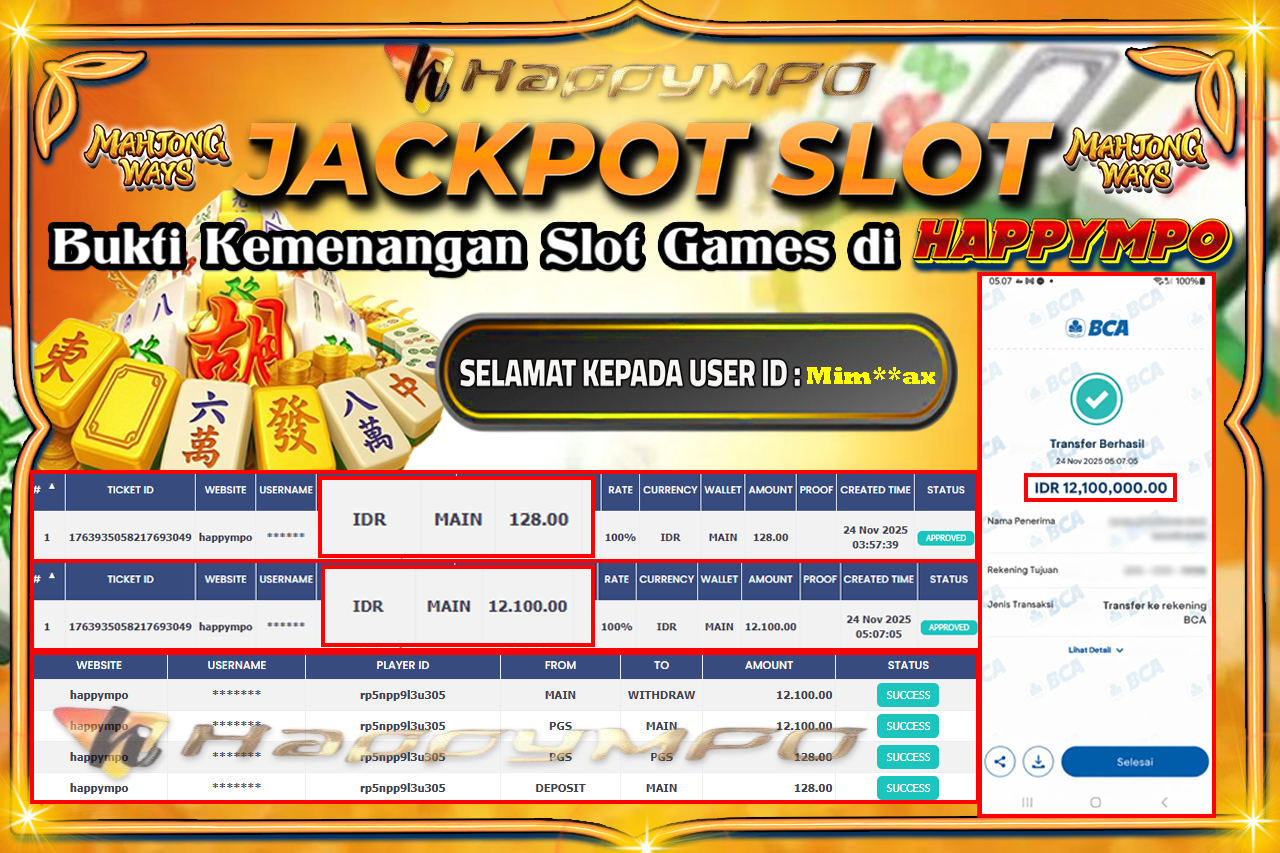 HAPPYMPO JACKPOT SLOT MAHJONG WAYS Rp.12.100.000,- LUNAS